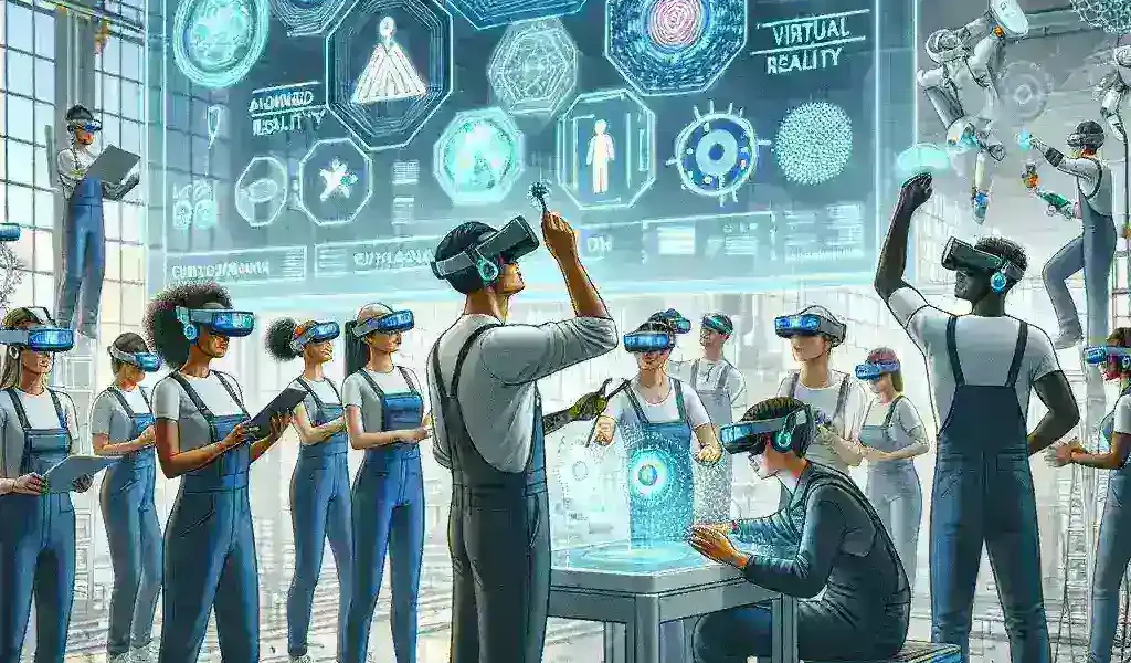 "Pelatihan tenaga kerja industri menggunakan teknologi AR/VR, menampilkan pekerja yang berinteraksi dengan simulasi 3D untuk meningkatkan keterampilan praktis dan efisiensi kerja."