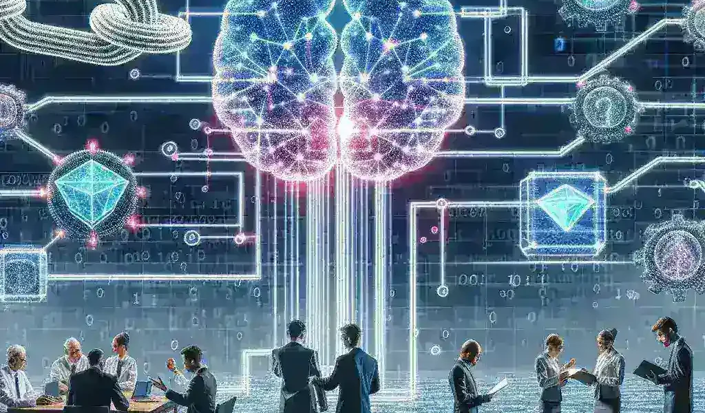 "Ilustrasi implementasi teknologi blockchain dan kecerdasan buatan (AI) untuk audit jaringan transparan nasional, menunjukkan diagram alur data dan konektivitas sistem yang mendukung transparansi dan efisiensi dalam pemerintah."