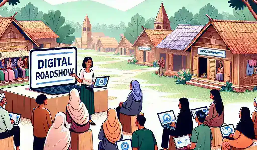 "Tokopedia roadshow event showcasing digital education in remote villages, highlighting participants engaged in learning about online business tools and digital literacy."