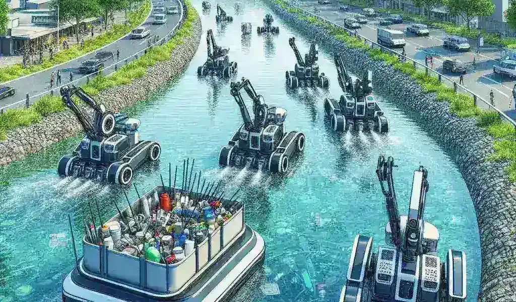 "Robot pembersih sampah beroperasi di sungai perkotaan, membersihkan limbah plastik dan bahan organik untuk lingkungan yang lebih bersih dan sehat."